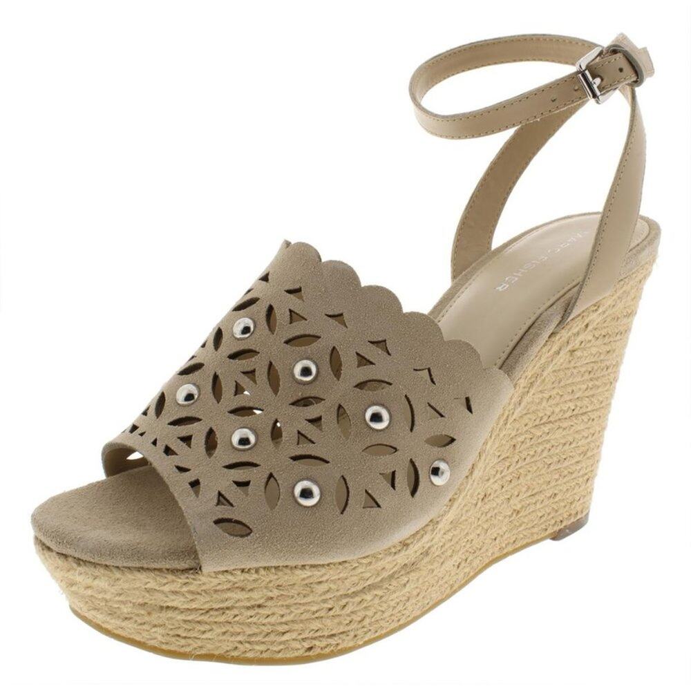 Marc Fisher Hata Beige Suede Studded Espadrille Wedge Sandals Size 9 / 9.5 NIB